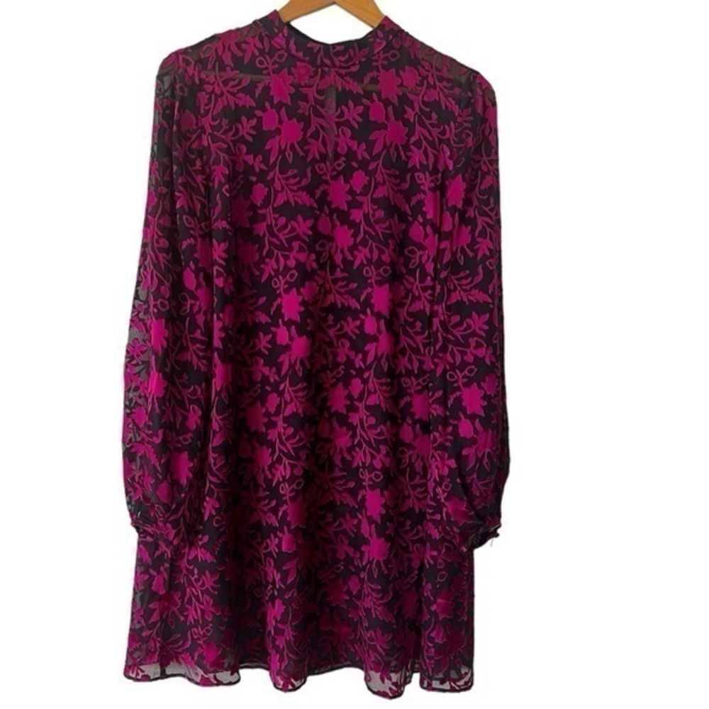 Club Monaco demure magenta on black floral burnout long sleeve sheer mini dress